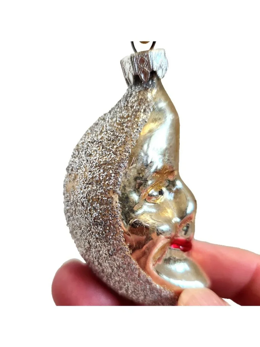 Vintage German Mercury Glass Half Moon Face Ornament Celestial Christmas READ